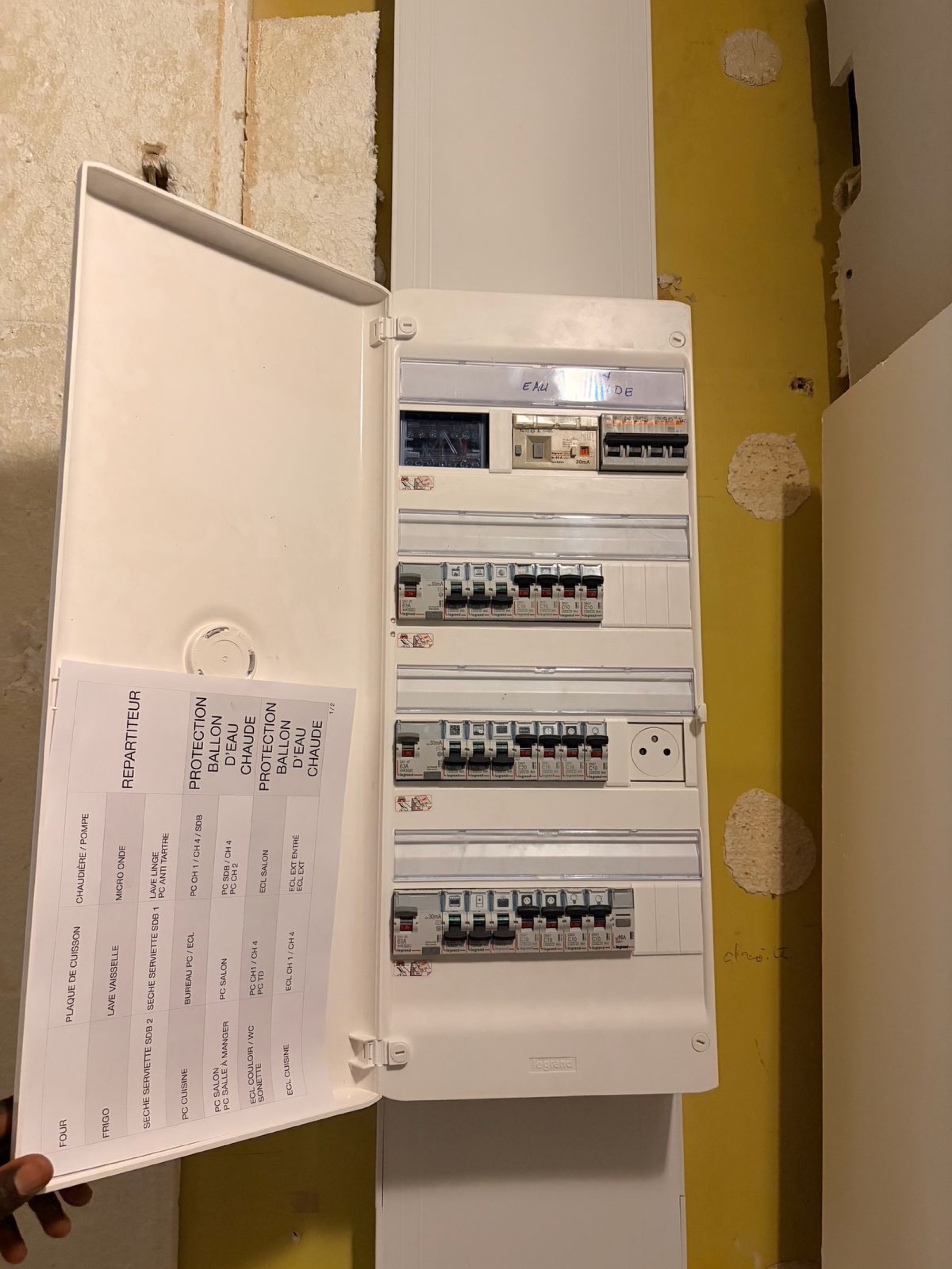 Le même tableau électrique terminé, coffret Legrand refermé, disjoncteurs alignés et repérage des circuits collé sur la porte