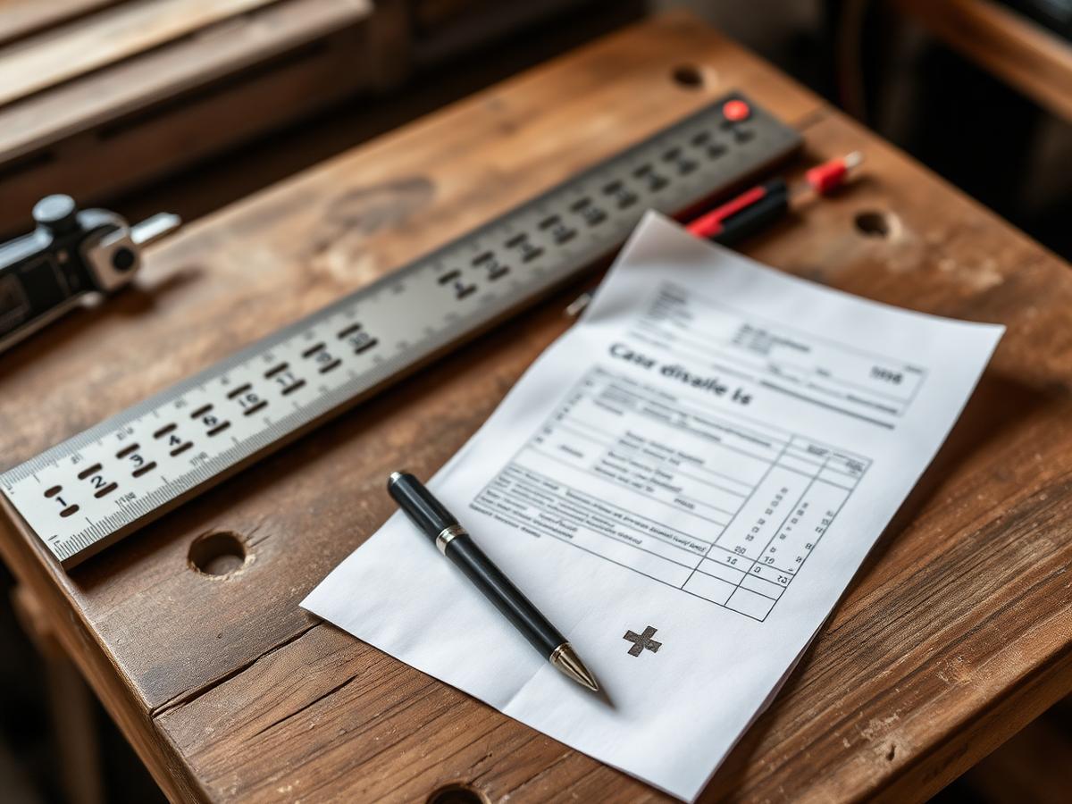 Devis papier et stylo posés sur un établi en bois, à côté d'un mètre pliant d'artisan